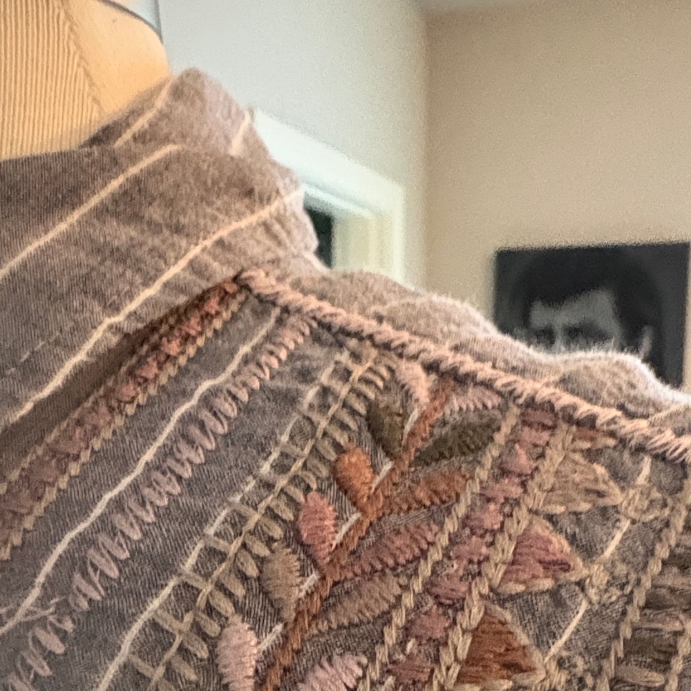 Floral Embroidered Button Down Shirt - Gray w/ tonal Pinks - Picture 6 of 11